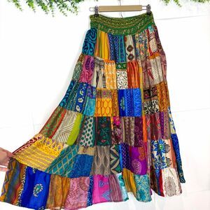 NWT Sacred Threads Silk Maxi Skirt Womens OS Green Blue Boho Patchwork Colorful